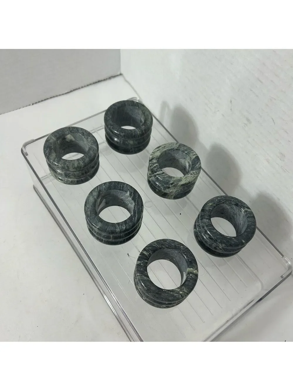 Vintage Napkin Rings Marble Green Round Carved Set of 6 2x1.25.